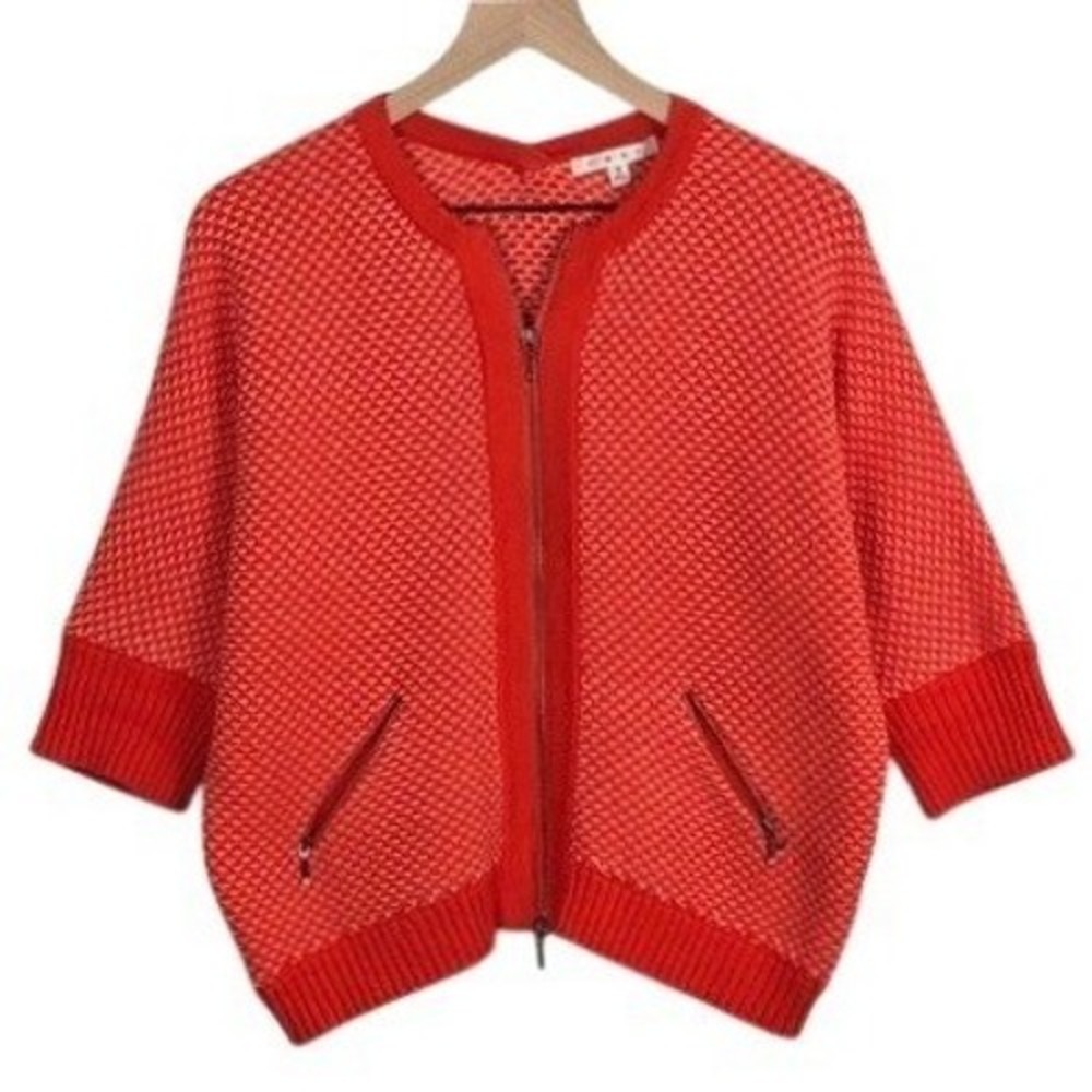 Cabi 100% Cotton Textured Knit Full Zip Dolman Cardigan Sz S Orange Pink Sweater